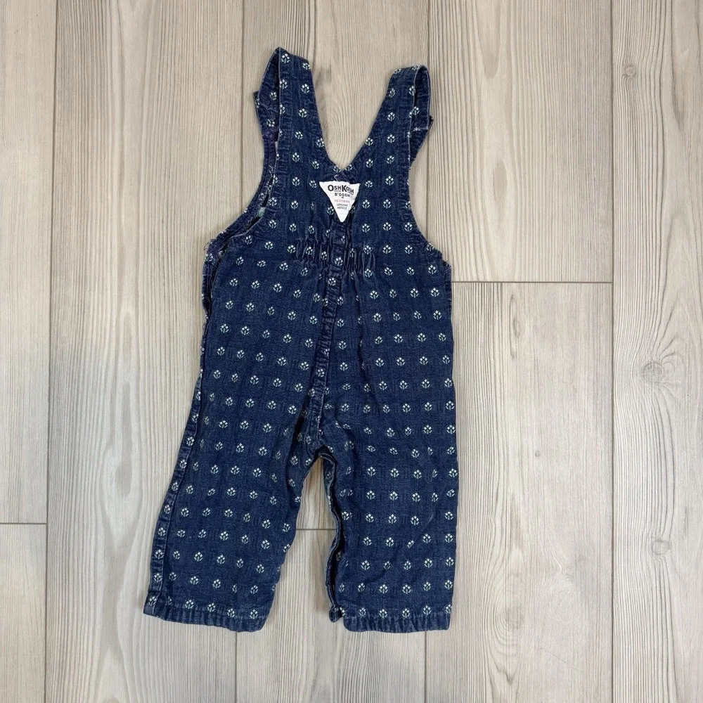 Vtg 1980s Oshkosh‎ Vestbak 12M Romper Overalls Flower USA Denim Embroidered